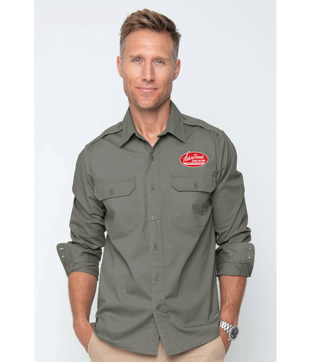 Arturo Fuente Military Inspired Long Sleeve Structured Button Up Green Shirt